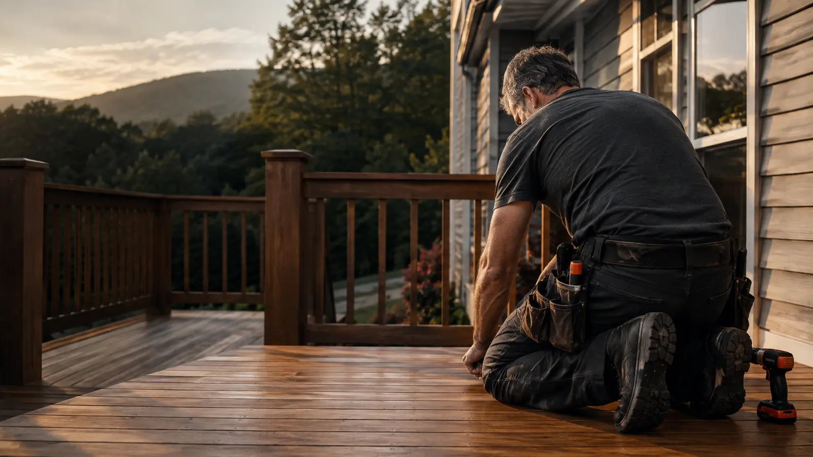 A handyman carefully finishing a wood deck in East Tennessee